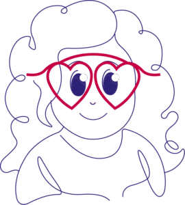 Pupilota, el alter-ego de Jimena, con pupilas dilatadas y gafas en forma de corazón.