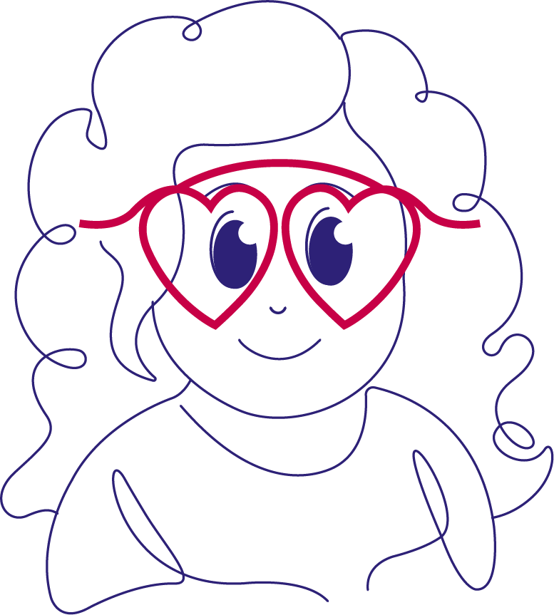 Pupilota, el alter-ego de Jimena, con pupilas dilatadas y gafas en forma de corazón.