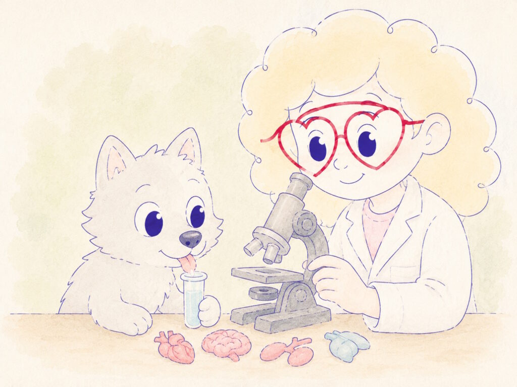 Lobito con la técnica de laboratorio, realizando un test genético de saliva para confirmar MSMDS.